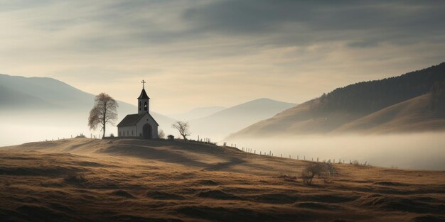 Wide angle view of church in remote hills religion concept