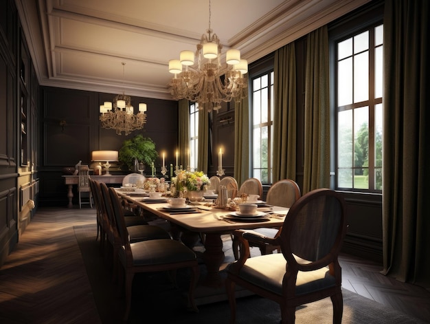 Wide angle view of the dining room in British style with dining sets on the table and warm lighting from candlesticks and chandeliers Generative AI