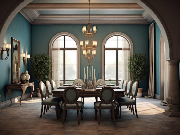 Wide angle view of dining room in Mediterranean style and dining sets view outside through arched windows Generative AI
