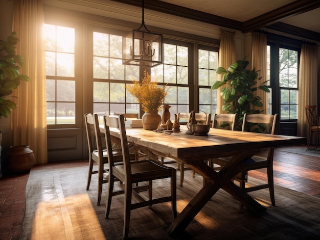 Wide angle view of the dining room table wooden floor and the room is lit by the sunlight that shines through the windows Generative AI