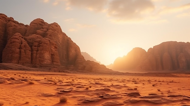 wide angle view of a generic rocky mountains of al Ula desert Saudi Arabia at the golden hour sunset