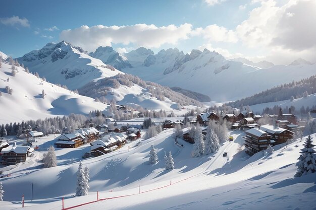 Photo wide angle view of a ski resort in winter season