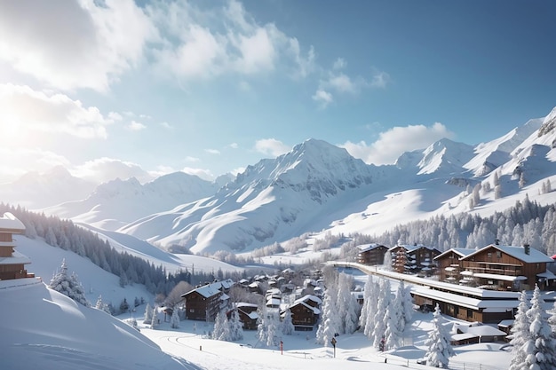 Photo wide angle view of a ski resort in winter season