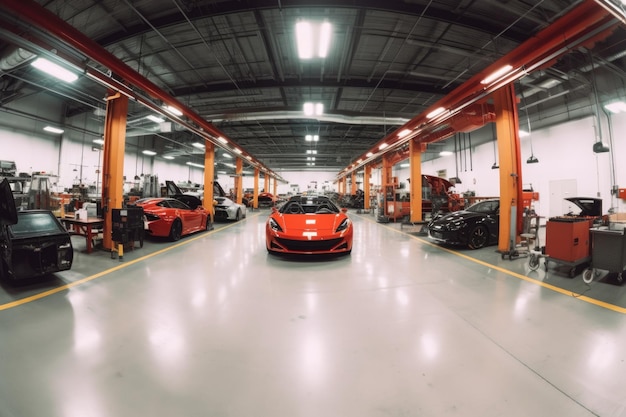 Wide angle view of sports car production floor created with generative ai