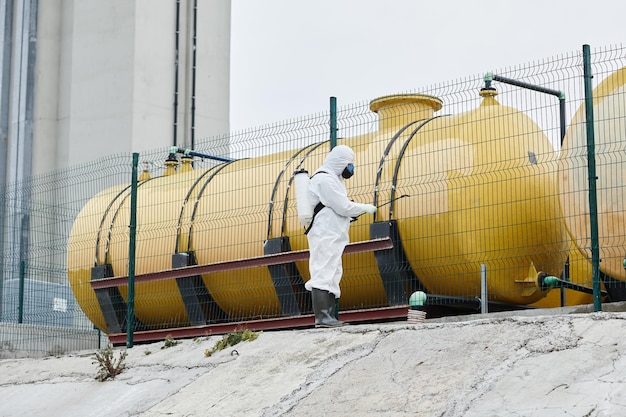 Vista grandangolare sul lavoratore che indossa una tuta protettiva che disinfetta lo spazio della copia dell'area industriale