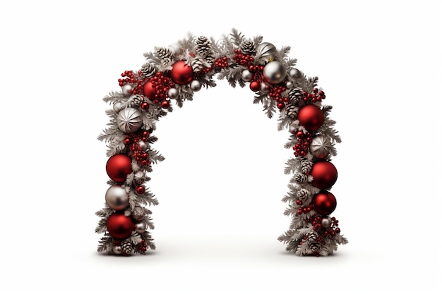 広いアーチ形の新鮮なモミの枝と装飾品で構成される白で隔離されたクリスマスの境界線