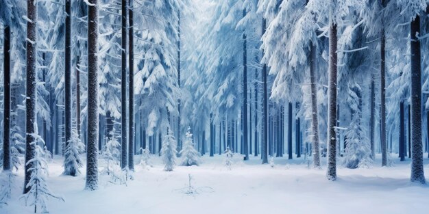 Wide background landscape with rows of pine trees covered in snow Generative AI