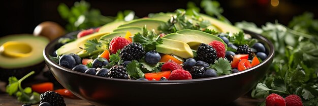 A wide background photograph of black bowl filled full of various healthy fruits on a table
