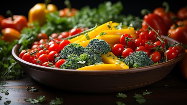 A wide background photograph of clear glass bowl filled full of different vegetables and fruits