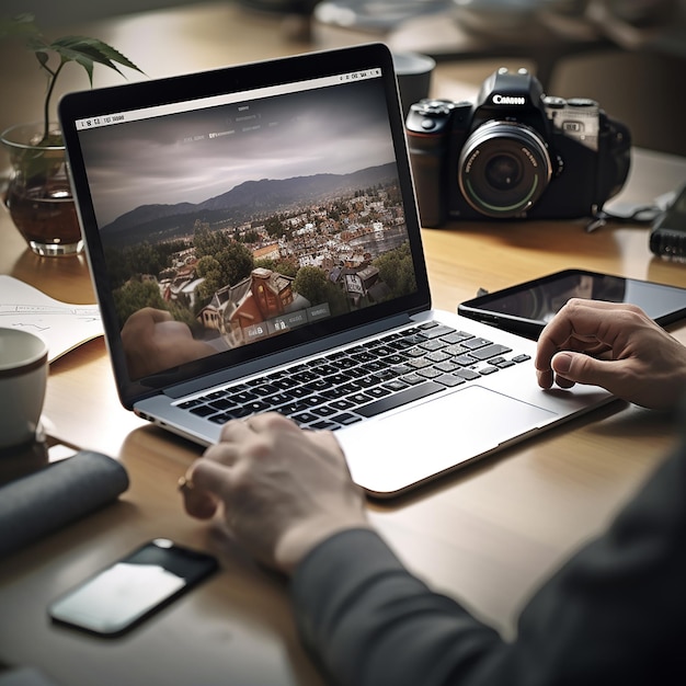 Wide Banner of Mans Hands Typpen met een laptop en smartphone