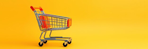 Wide banner of shopping cart on yellow background vibrant shopping spree