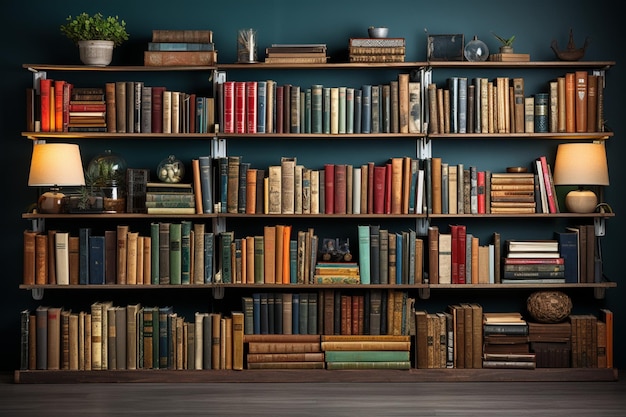 ハードカバーの本が積み上げられた本棚と広告テキスト用のスペースを紹介する幅広のバナー