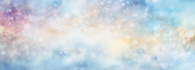 Photo wide banner winter background with snowflakes and bokeh on soft blue background in watercolor style with space for text christmas new year illustration