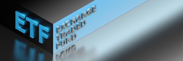 진한 파란색의 Exchange Traded Fund에 대한 비즈니스 용어 ETF가 포함된 넓은 배너