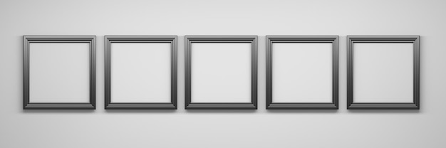 Wide banner with five black square frames on white background 3d illustration