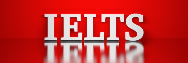 Ampio banner con una grande parola bianca in grassetto ielts su sfondo rosso illustrazione 3d Foto Premium