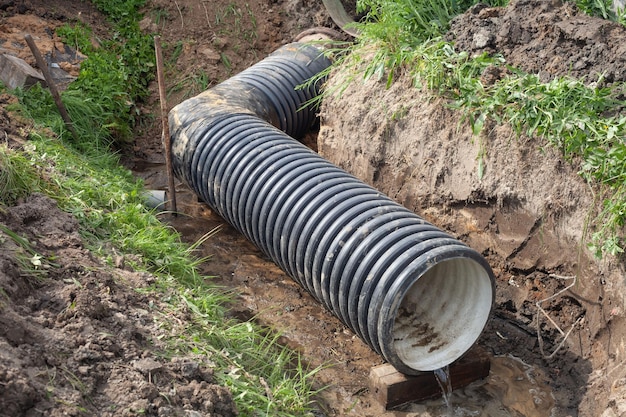 A wide black pipe lies in a ditch in the summer