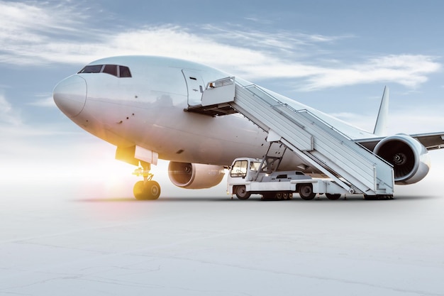 Wide body passenger airplane with boarding stairs at the airport apron isolated on bright background with sky