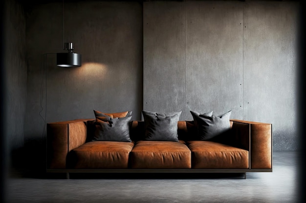 Wide brown leather chair with soft cushions standing along grey concrete wall