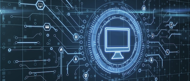 wide computer icon hologram on dark blue background digital transformation concept 3d rendering