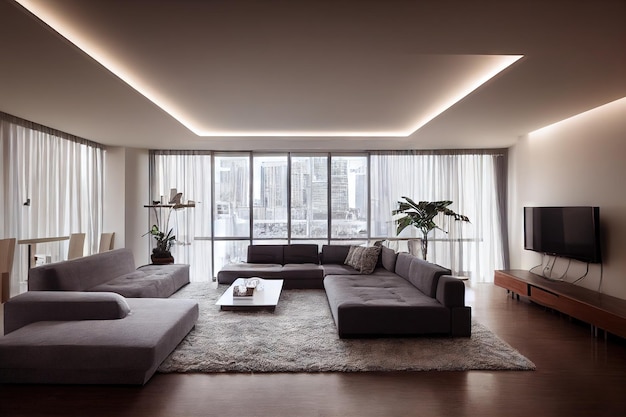 Wide cozy sofas in living room of minimalist style without people