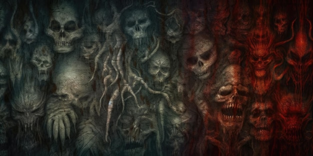 A wide dark background with many skulls on it