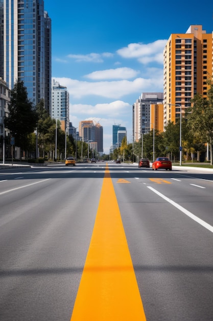 Photo a wide and empty urban road with modern buildings on both sides