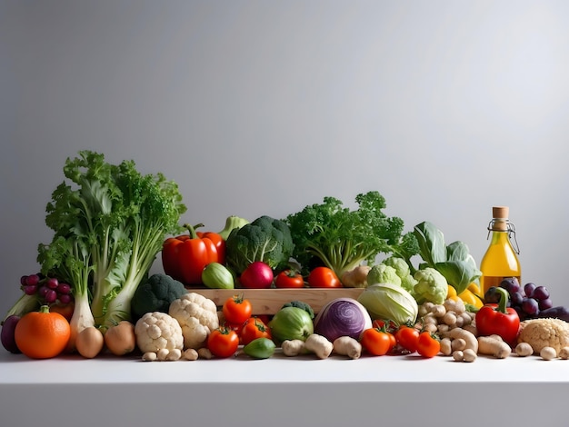 A wide flat photograph of vegetarian day banner with different types of vegetables and fruits