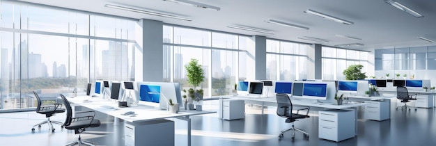 Wide format clean and tidy modern business office interior design