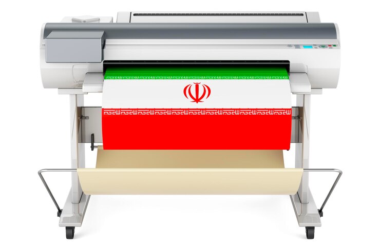 Photo wide format printer plotter with iranian flag 3d rendering isolated on white background