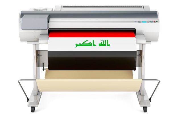 Wide format printer plotter with Iraqi flag 3D rendering isolated on white background