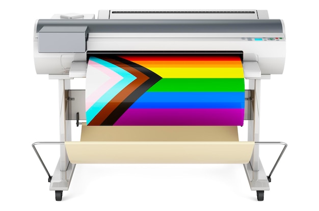 Wide format printer plotter with modern LGBTQ flag 3D rendering isolated on white background