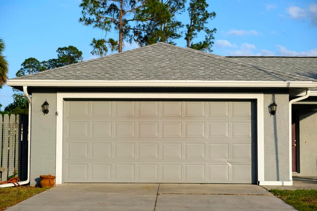 Wide garage double door and concrete driveway of new modern american house