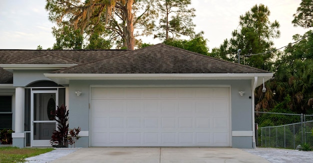 Wide garage double door and concrete driveway of new modern american house