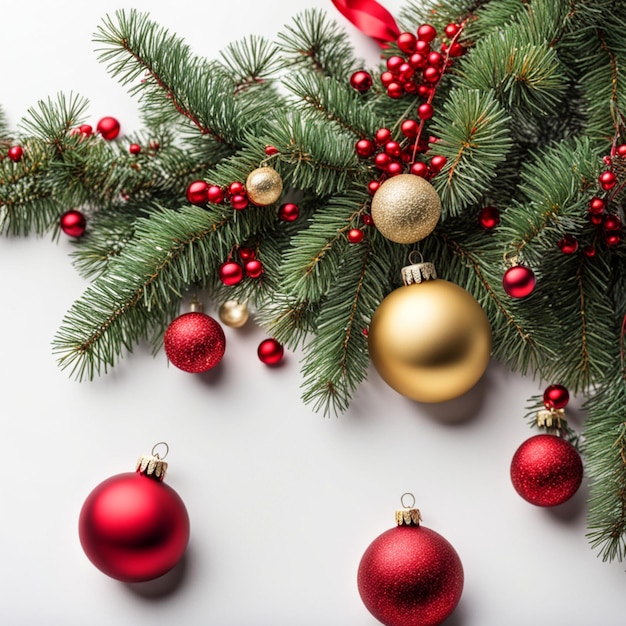 wide garland of Christmas tree branches and red berries Isolated without shadow isolated on white b