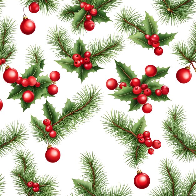 wide garland of Christmas tree branches and red berries Isolated without shadow isolated on white b