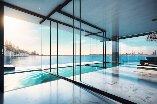 Wide glass doors leading to water