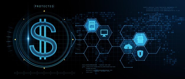 사진 코딩 온라인 뱅킹 암호화 및 혁신 개념 3d 렌더링을 사용하여 흐릿한 파란색 그리드 배경의 넓은 빛나는 달러 기호 홀로그램