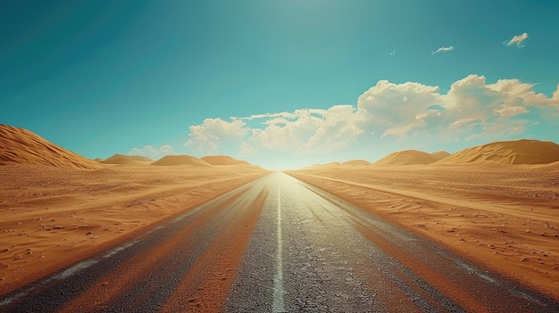 Photo a wide highway leads to a desert with sand dunes on the middle