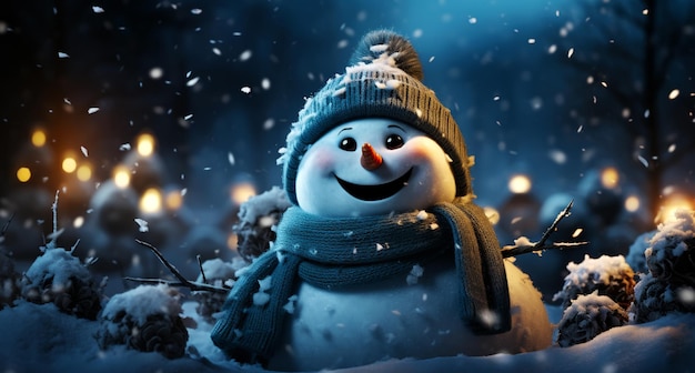 Wide horizontal composition of single blue snowman on winter forest background ai generated