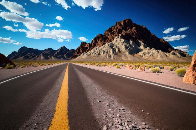 Wide image of clean asphalt road layers of pebbles and a bright sunny sky