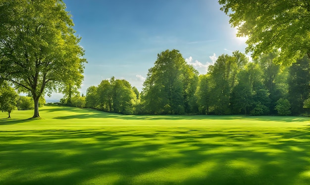 Wide lawn trimmed with precision under a blue sunny sky