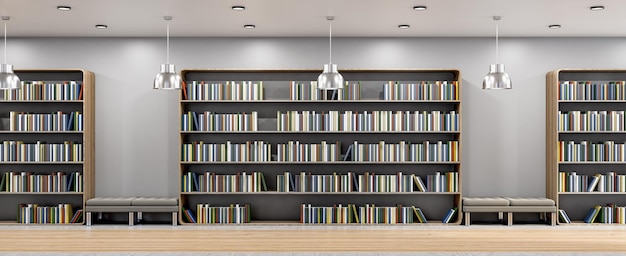 Wide library interior with bookcase wooden flooring bench and mock up place on wall 3D Rendering