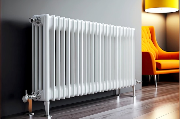 Photo wide multisection white heating radiator on legs with chrome elements