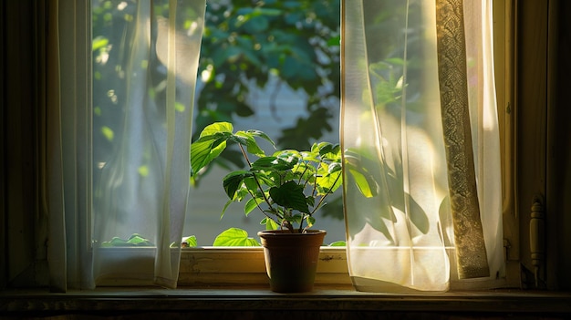 Foto una finestra spalancata e un ficus in vaso sul pavimento