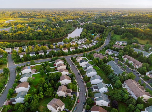 Wide panorama, aerial view with tall buildings, residential quarters in the beautiful sunrise