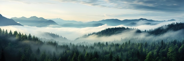 Wide panorama of the forest against the background of mountains covered with morning fog from a birds eye view