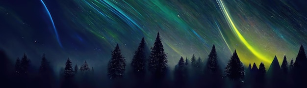 Wide panorama of the night sky against the background of the forest Aurora borealis 3d illustration