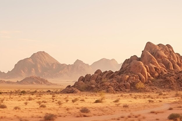 Фото Широкая панорама каменной пустыни на восходе солнца в тумане мягкого солнечного света горный пейзаж