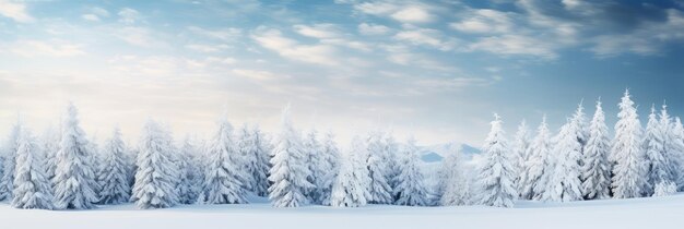 Wide panorama of pine trees and snow field after snowfall in winter